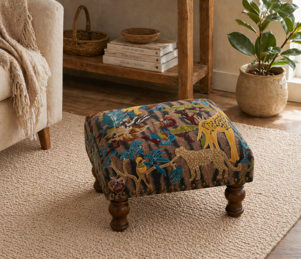 Jungle Animals Embroidered Wooden Stool