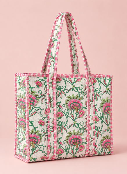 Indian block printed cotton quilted tote bags
