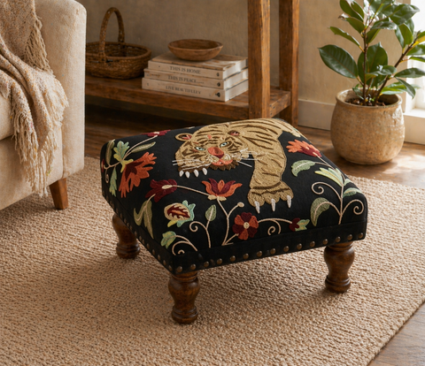 Tiger Embroidered Wooden Stool