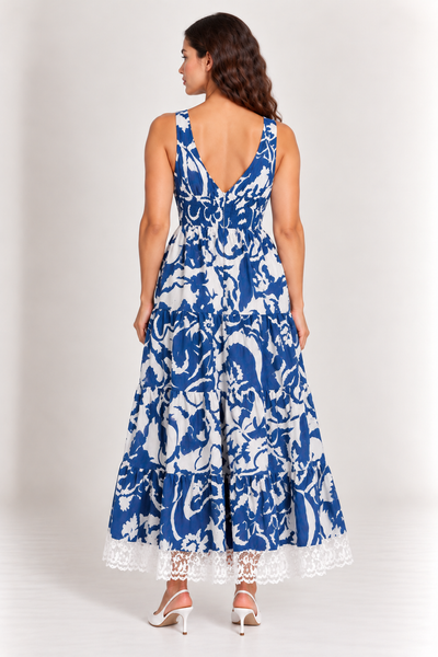 Blue & White Floral Print Tiered Maxi Dress with Lace Trim