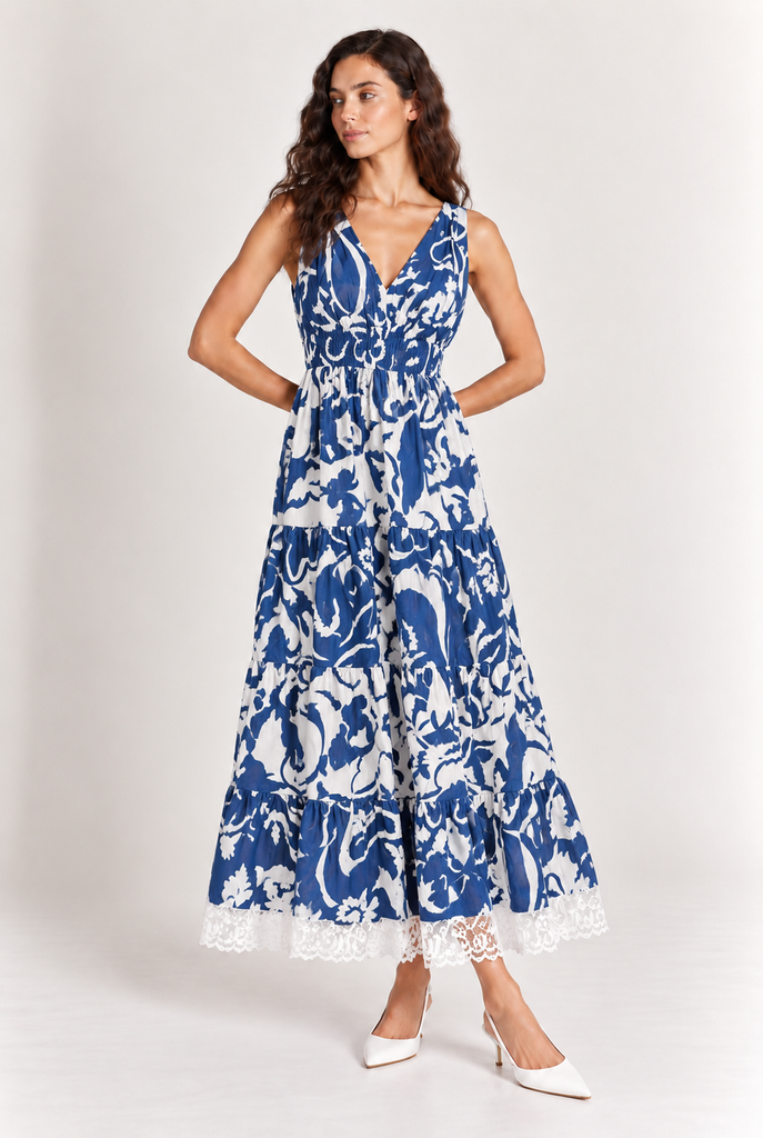 Blue & White Floral Print Tiered Maxi Dress with Lace Trim