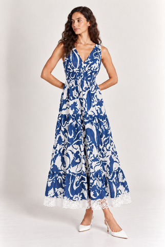 Blue & White Floral Print Tiered Maxi Dress with Lace Trim
