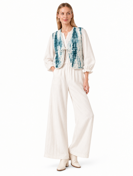 Quilted Tie-Front Vest with Abstract Print