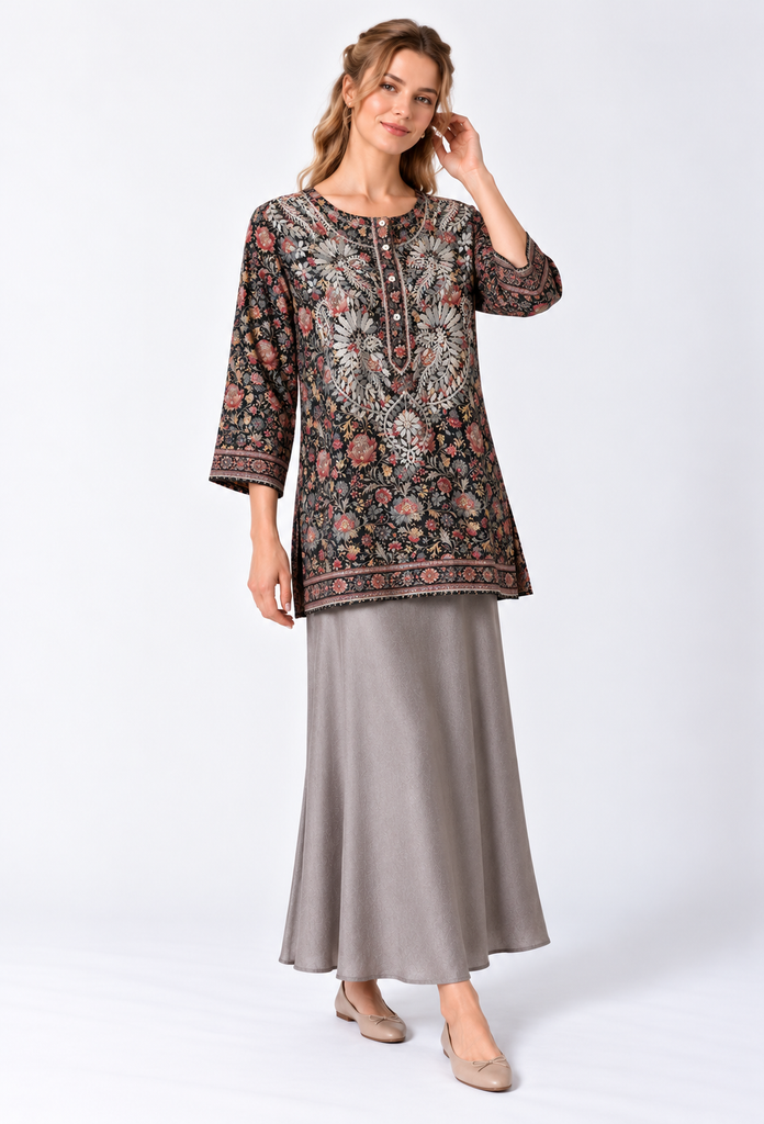 Embroidered Floral Print Tunic with Button Placket