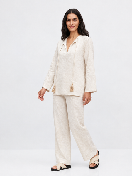 Long-Sleeve V-Neck Tunic with Tassel Ties