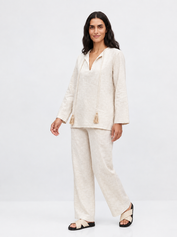 Long-Sleeve V-Neck Tunic with Tassel Ties