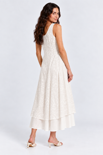 Tiered White Cotton Midi Dress