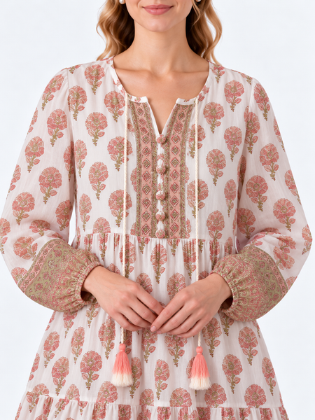 Long-Sleeve Floral Print Tiered Dress with Tassels