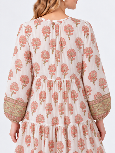 Long-Sleeve Floral Print Tiered Dress with Tassels
