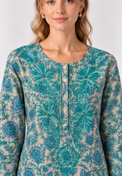 Three-Quarter Sleeve Teal Floral Print Button-Front Tunic