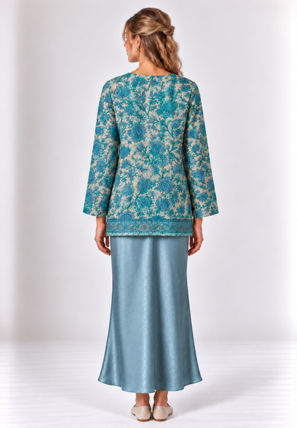 Three-Quarter Sleeve Teal Floral Print Button-Front Tunic