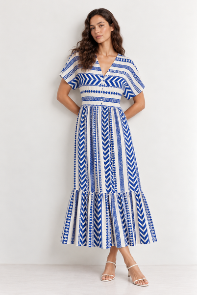 Cobalt Blue & White Geometric Print Tiered Maxi Dress