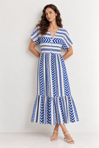 Cobalt Blue & White Geometric Print Tiered Maxi Dress