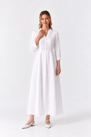 Women's White Linen Collared Shirt Maxi Dress