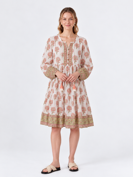 Long-Sleeve Floral Print Tiered Dress with Tassels