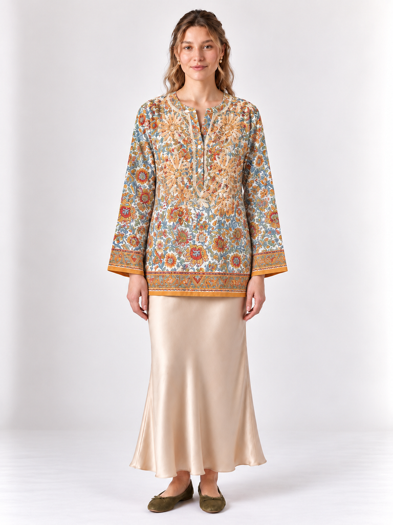 Printed Long-Sleeve Tunic Top
