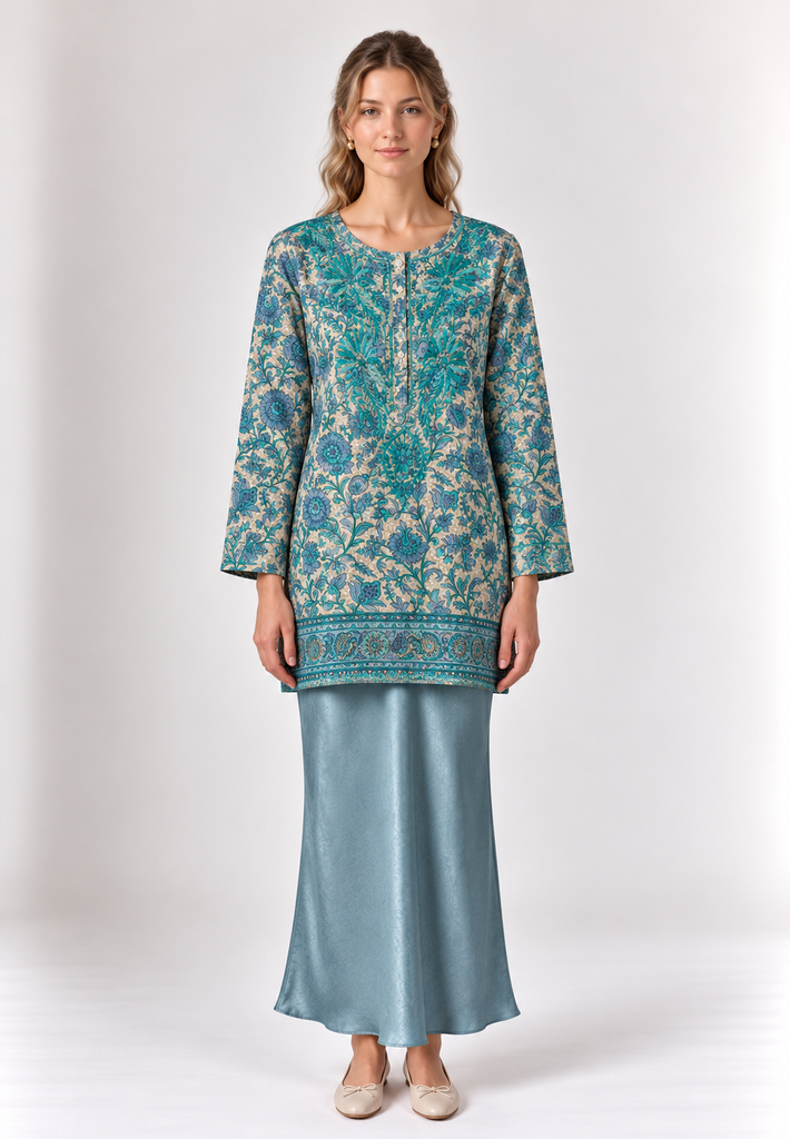 Three-Quarter Sleeve Teal Floral Print Button-Front Tunic