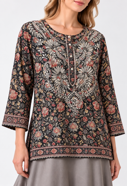 Embroidered Floral Print Tunic with Button Placket