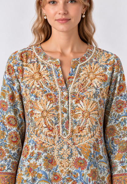 Printed Long-Sleeve Tunic Top