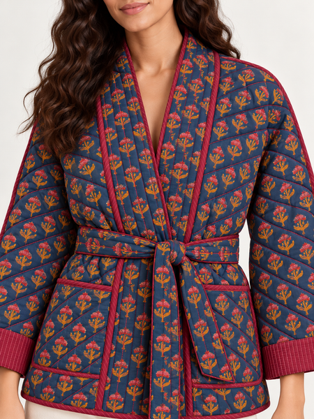 Floral Navy Quilted Wrap Jacket with Belt