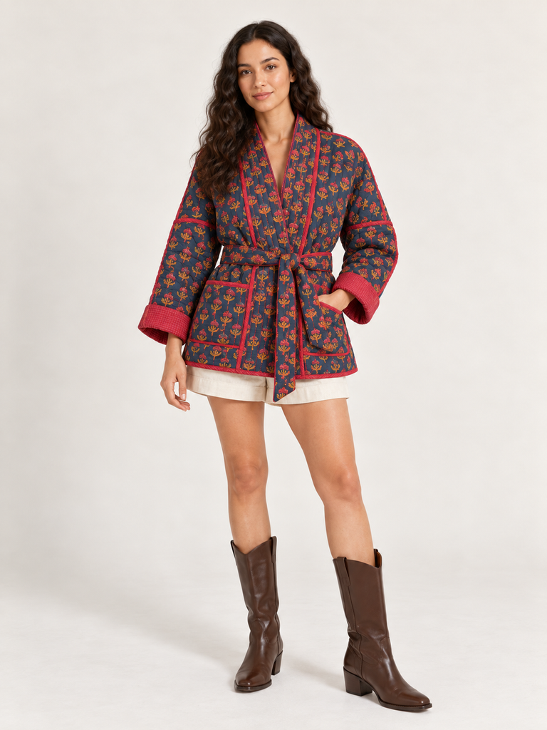 Floral Navy Quilted Wrap Jacket with Belt