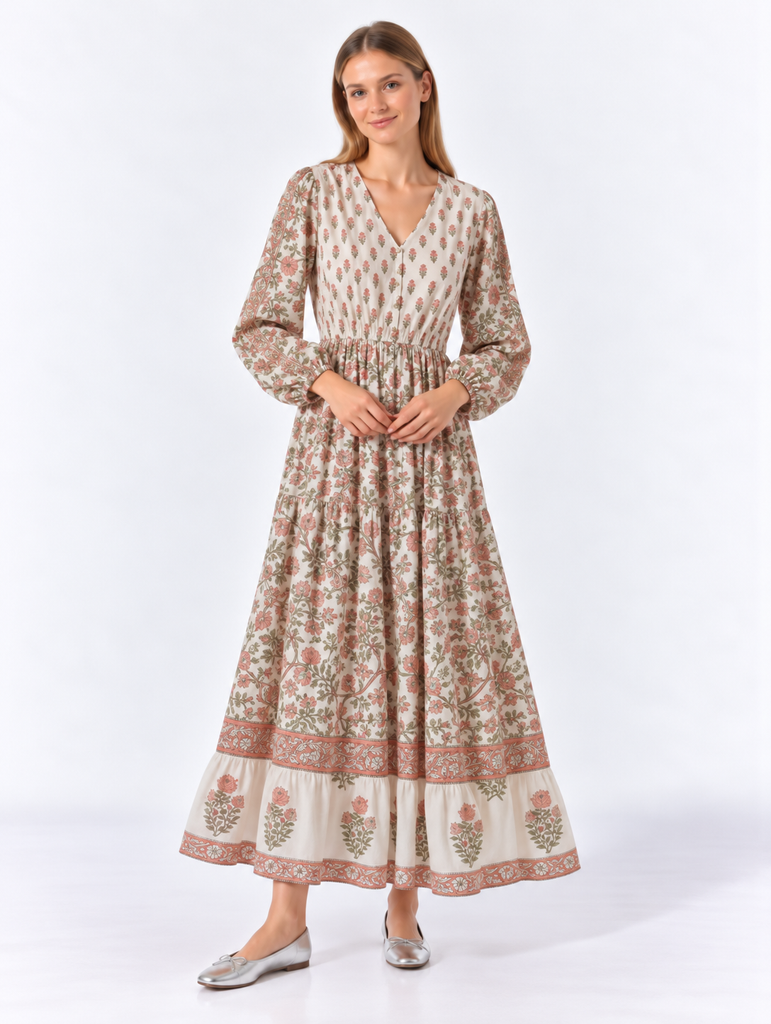 Blush Floral Block Print Tiered Long Sleeve Maxi Dress