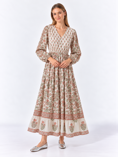 Blush Floral Block Print Tiered Long Sleeve Maxi Dress