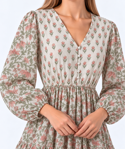 Blush Floral Block Print Tiered Long Sleeve Maxi Dress