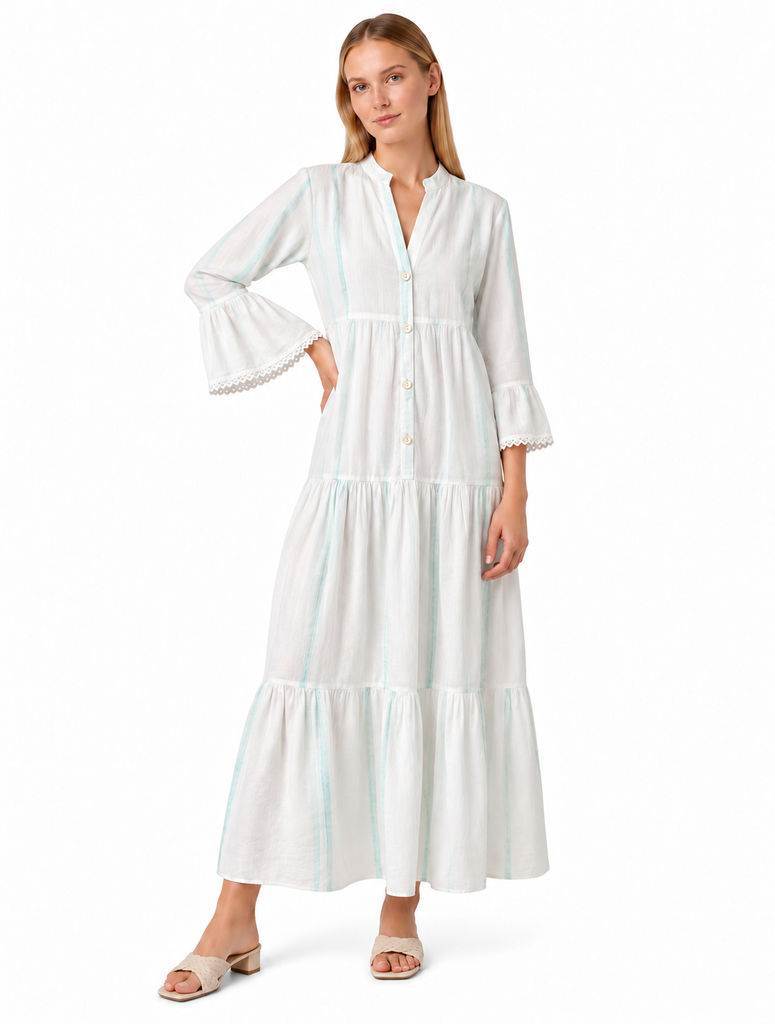 Mint Striped Tiered Maxi Dress with Lace Trim