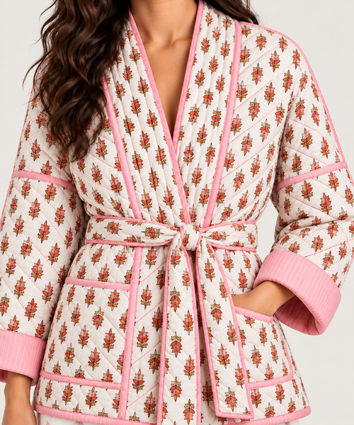 Quilted Floral-Block Print Wrap Jacket with Belt in White and Pink