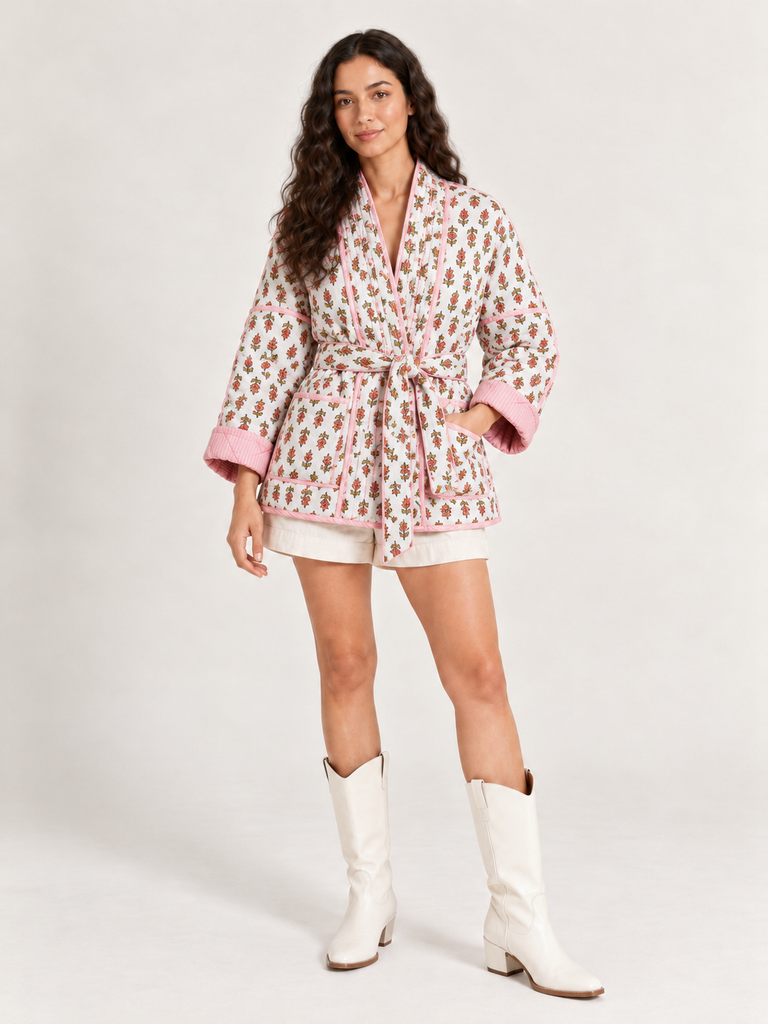 Quilted Floral-Block Print Wrap Jacket with Belt in White and Pink