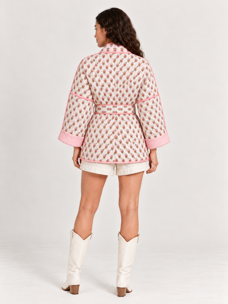 Quilted Floral-Block Print Wrap Jacket with Belt in White and Pink