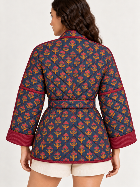 Floral Navy Quilted Wrap Jacket with Belt