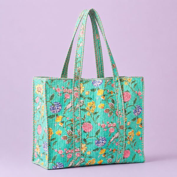 Indian block printed cotton quilted tote bags
