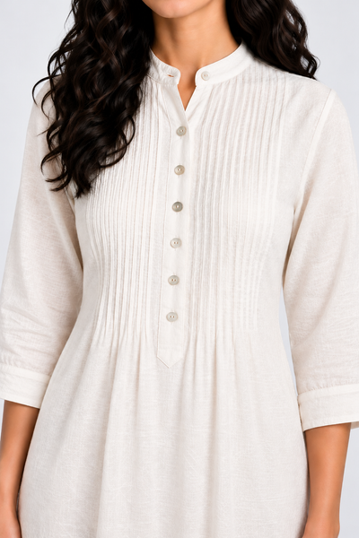 Pleated Button-Front Linen Midi Dress