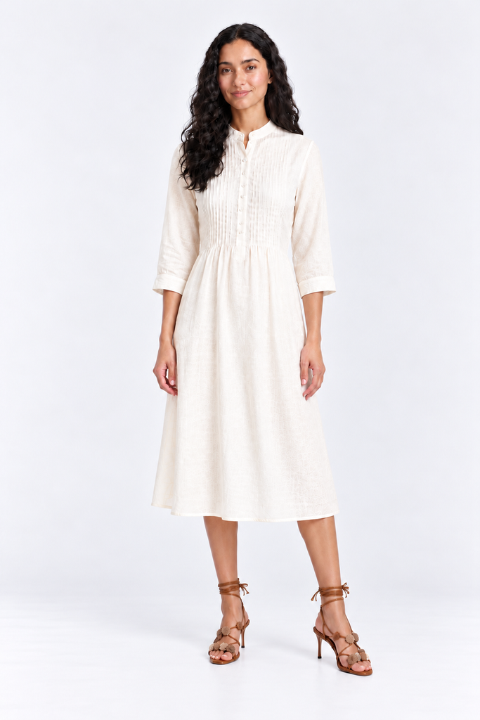 Pleated Button-Front Linen Midi Dress