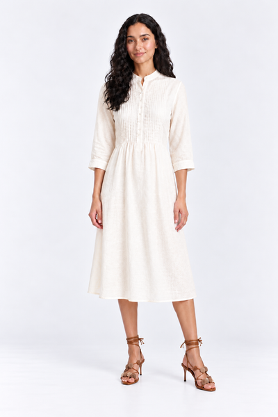 Pleated Button-Front Linen Midi Dress