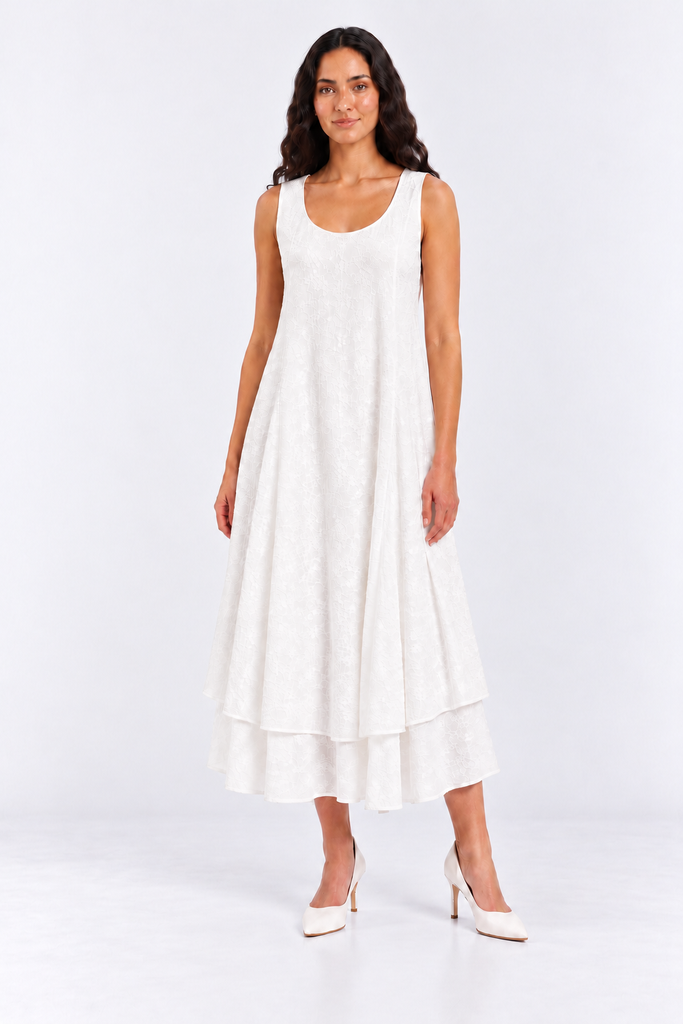 Tiered White Cotton Midi Dress
