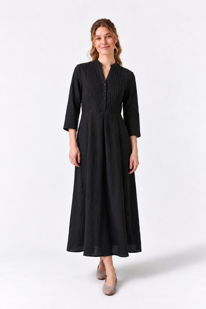 Women's Pleated Linen Pintuck Maxi Dress